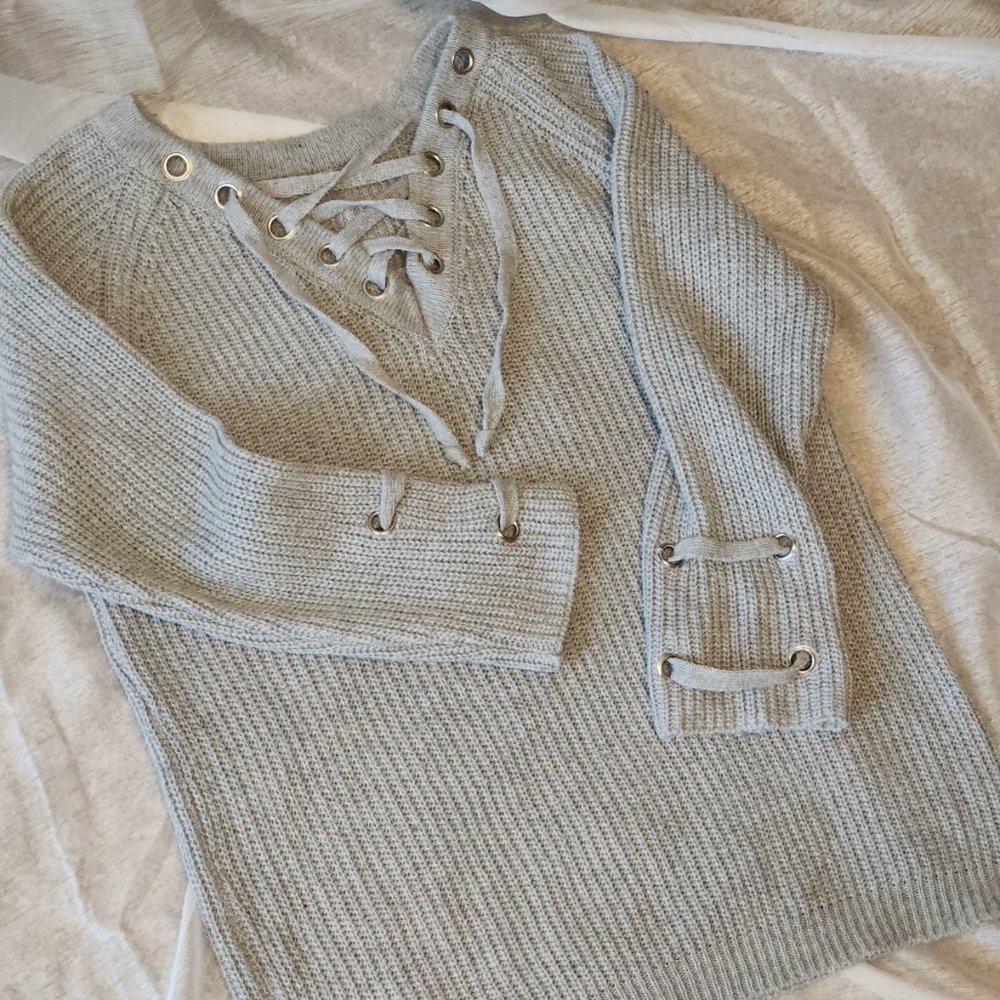Zeva Gray Sweater with Shoestring Detailing
